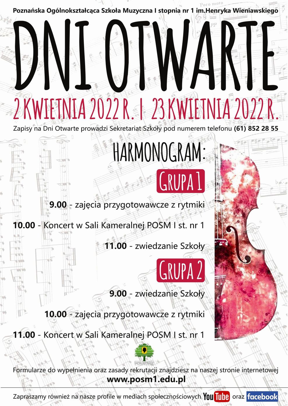 Plakat Dni Otwartych POSM I stopnia nr 1 im. Henryka Wieniawskiego w 2022 roku przedstawia informacje dotyczące harmonogramu wydarzenia rysunkiem różowej wiolonczeli na tle kartek z nutami.