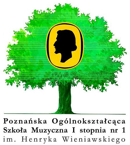 Logo Poznańskiej Ogólnokształcącej Szkoły Muzycznej I stopnia nr 1 im. Henryka Wieniawskiego przedstawia zielone drzewo z sylwetką patrona Henryka Wieniawskiego na żółtym tle w centralnej części drzewa. Poniżej rysunku znajduje się pełna nazwa szkoły.