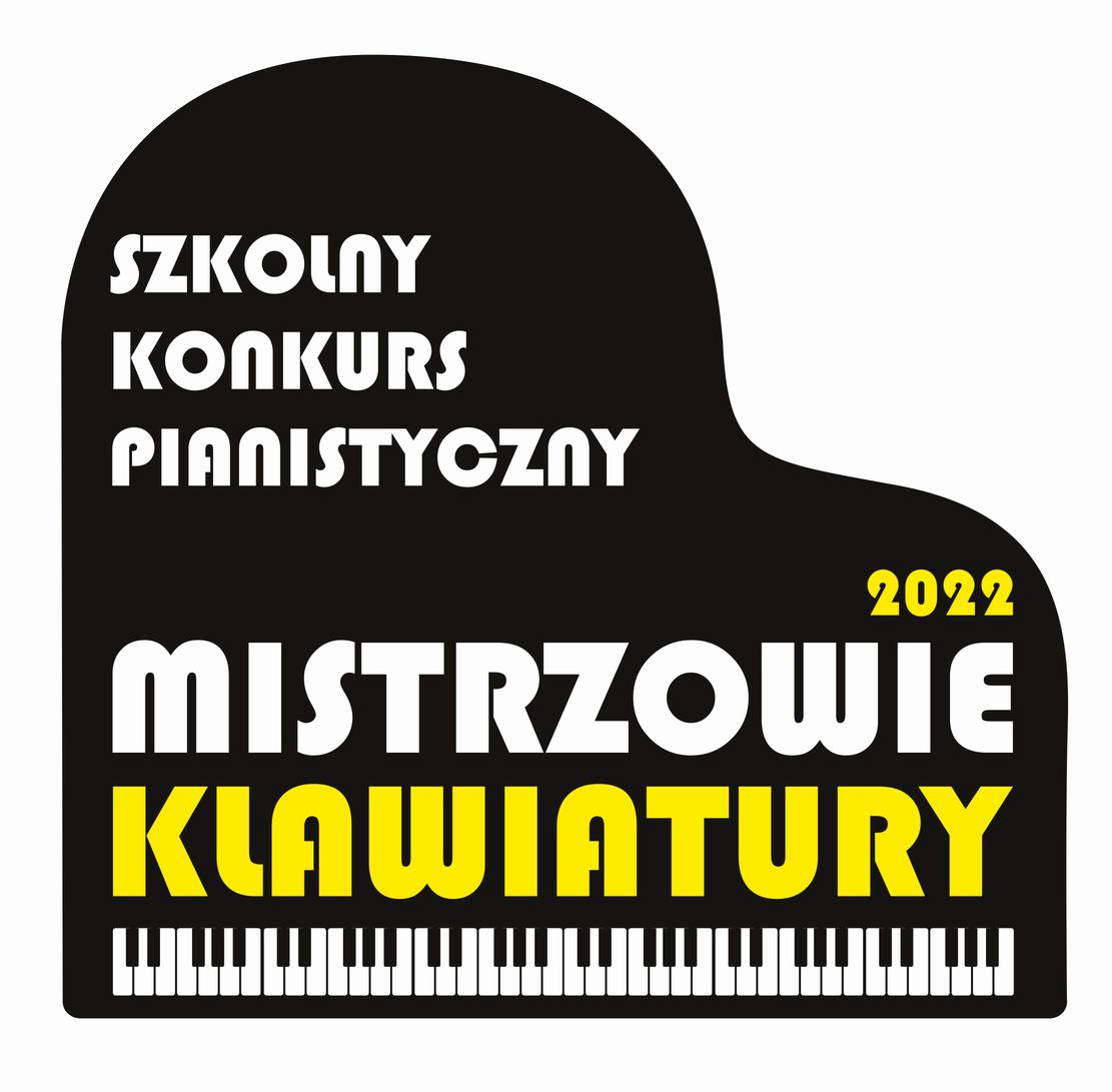 Logo Szkolnego Konkursu Mistrzowie Klawiatury prezentuje nazwę konkursu opisaną na czarnej grafice przedstawiającej kontury fortepianu.