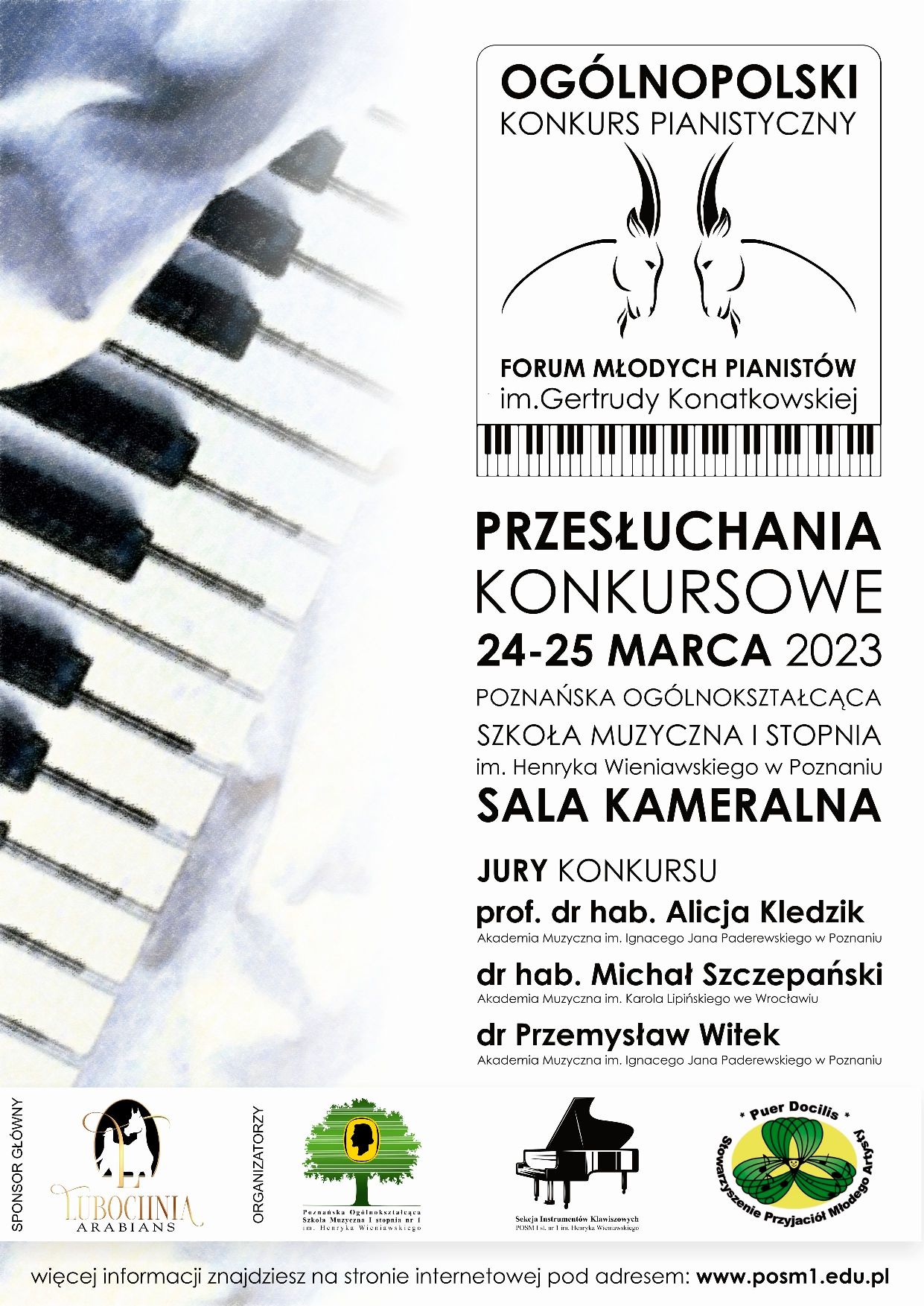 Plakat Ogólnopolskiego Konkursu Pianistycznego Forum Młodych Pianistów im. Gertrudy Konatkowskiej przedstawia informacje o jury i terminie konkursu. W tle klawiatura fortepianu przykryta białym materiałem.