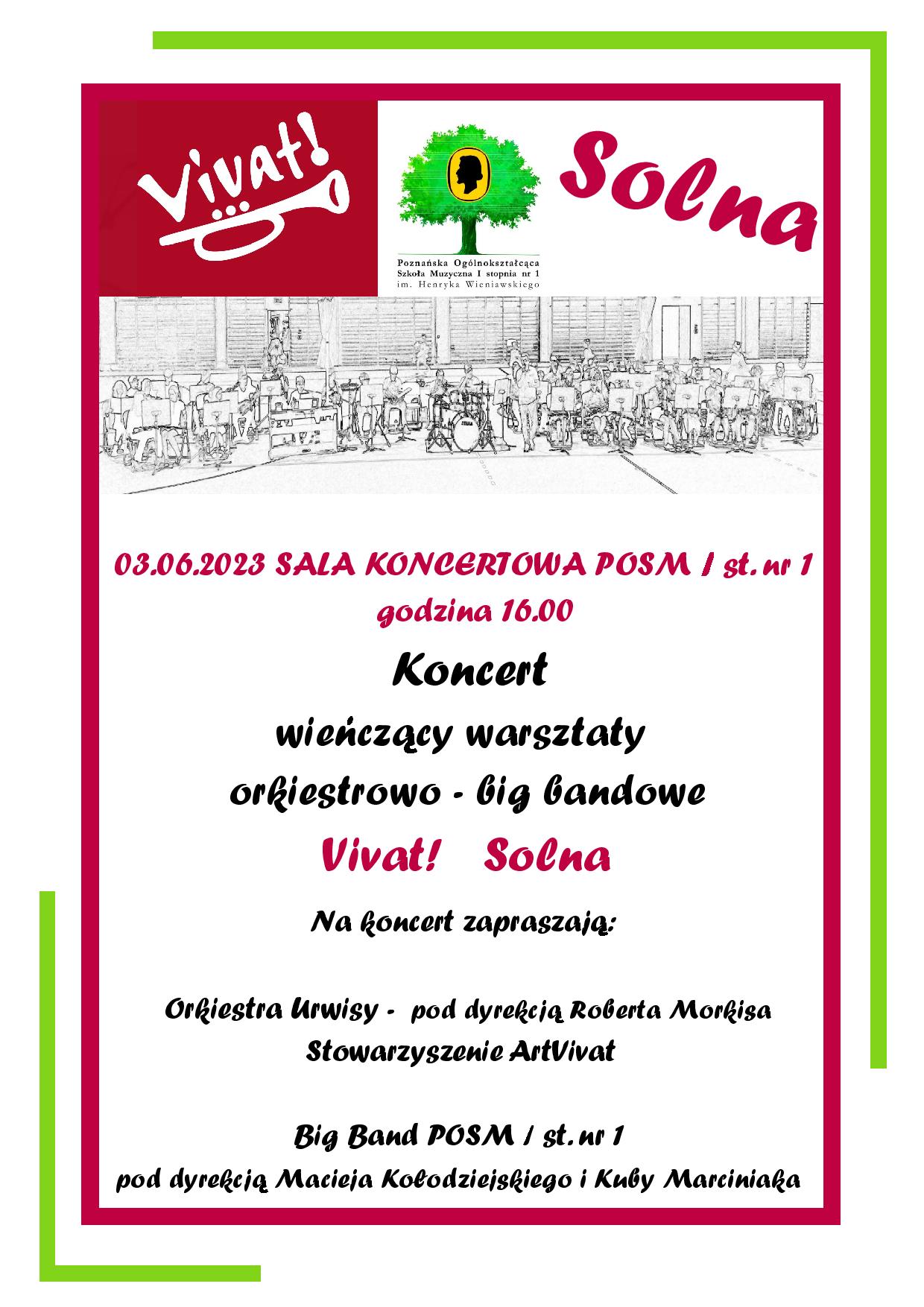 Plakat warsztatów orkiestrowo-big bandowych "Vivat! Solna" przedstawiający informacje o warsztatach. W tle szkic sylwetek osób grających w orkiestrze.